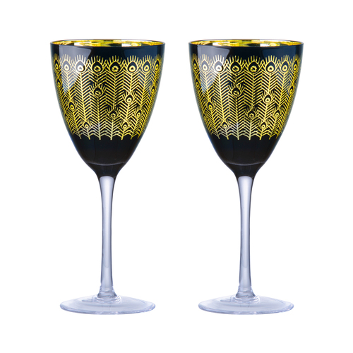 ARTLAND MIDNIGHT PEACOCK WINE GLASS SET2