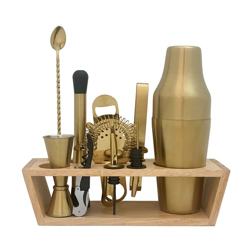 BAR TOOL SET AND STAND GOLD 11 PIECE